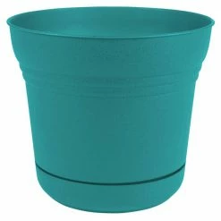 Bloem Saturn 10 in. Bermuda Teal Plastic Planter with Saucer