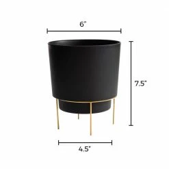 Bloem Hopson Small 6 in. Black Plastic Planter with Metal Gold Stand -Litton Lane Sales Store black bloem plant pots hop0600 m a0 1000