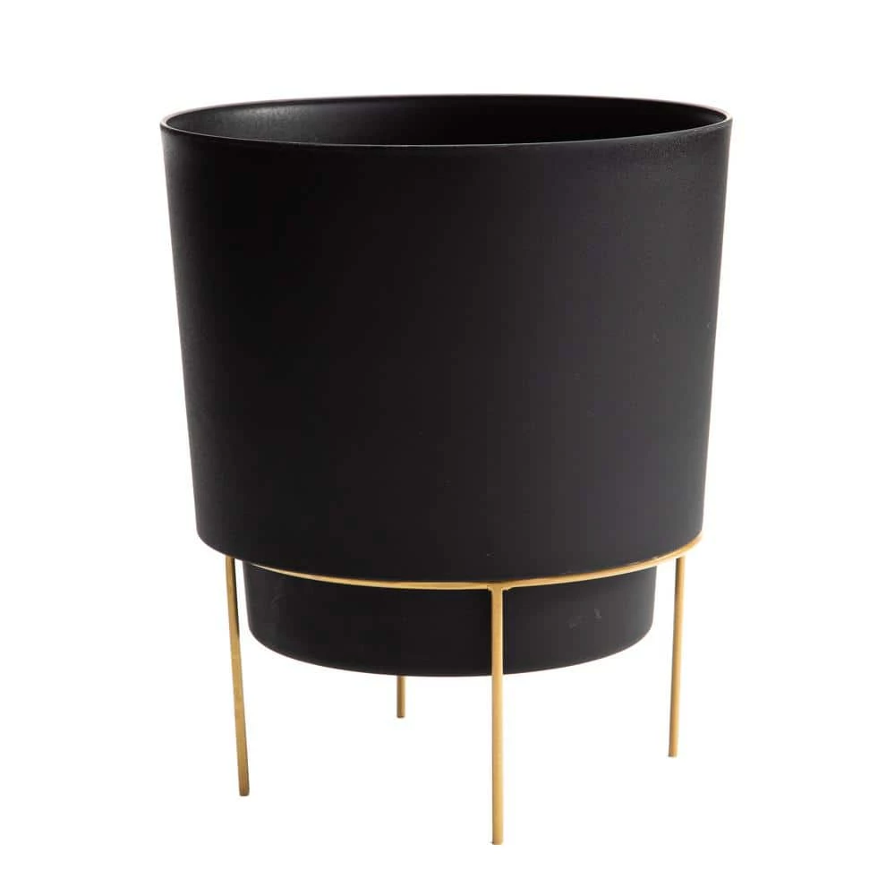 Bloem Hopson Medium 10 in. Black Plastic Planter with Metal Gold Stand 3 Bloem Hopson Medium 10 in. Black Plastic Planter with Metal Gold Stand
