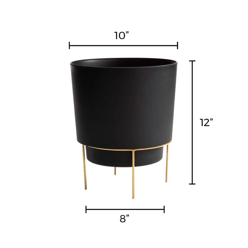 Bloem Hopson Medium 10 in. Black Plastic Planter with Metal Gold Stand 6 Bloem Hopson Medium 10 in. Black Plastic Planter with Metal Gold Stand - Image 4