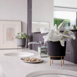 Bloem Hopson Medium 10 in. Black Plastic Planter with Metal Gold Stand 25 Bloem Hopson Medium 10 in. Black Plastic Planter with Metal Gold Stand -Litton Lane Sales Store black bloem plant pots hop1000 m fa 1000