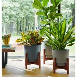 Bloem Hopson Medium 10 in. Black Plastic Planter with Wood Stand -Litton Lane Sales Store black bloem plant pots hop1000 w 1f 1000