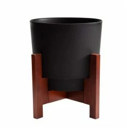 Bloem Hopson Medium 10 in. Black Plastic Planter with Wood Stand