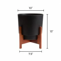 Bloem Hopson Medium 10 in. Black Plastic Planter with Wood Stand -Litton Lane Sales Store black bloem plant pots hop1000 w a0 1000
