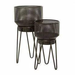 Litton Lane 30 in. H x 15 in. Black Metal Modern Planter (Set of 2) -Litton Lane Sales Store black litton lane plant pots 041998 4f 1000