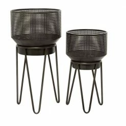 Litton Lane 30 in. H x 15 in. Black Metal Modern Planter (Set of 2) -Litton Lane Sales Store black litton lane plant pots 041998 66 1000