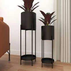 Litton Lane 33 in. x 11 in. Black Metal Modern Planter (Set of 2) -Litton Lane Sales Store black litton lane plant pots 80790 44 1000