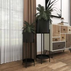 Litton Lane 33 in. x 11 in. Black Metal Modern Planter (Set of 2) -Litton Lane Sales Store black litton lane plant pots 80790 4f 1000