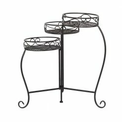 Litton Lane 23 in. Black Round Metal Scroll Plantstand with 3-Tiers