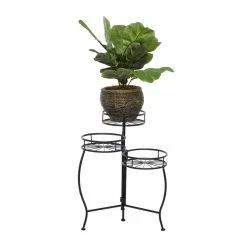 Litton Lane 22 in. Black Round Metal Sunburst Plantstand with 3-Tiers