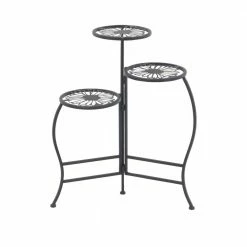 Litton Lane 24 in. Black Round Metal Floral Plantstand with 3-Tiers