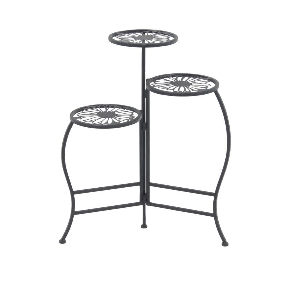 Litton Lane 24 in. Black Round Metal Floral Plantstand with 3-Tiers 3 Litton Lane 24 in. Black Round Metal Floral Plantstand with 3-Tiers