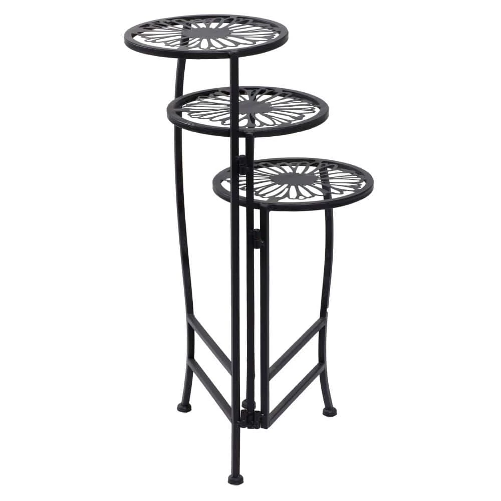 Litton Lane 24 in. Black Round Metal Floral Plantstand with 3-Tiers 8 Litton Lane 24 in. Black Round Metal Floral Plantstand with 3-Tiers - Image 6