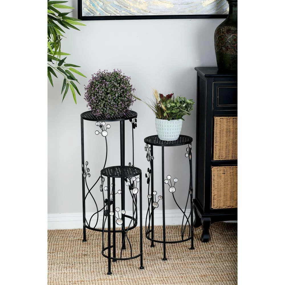 Litton Lane 28 in. Black Cylinder Metal Floral Crystal Plantstand with 3-Tiers 5 Litton Lane 28 in. Black Cylinder Metal Floral Crystal Plantstand with 3-Tiers - Image 3