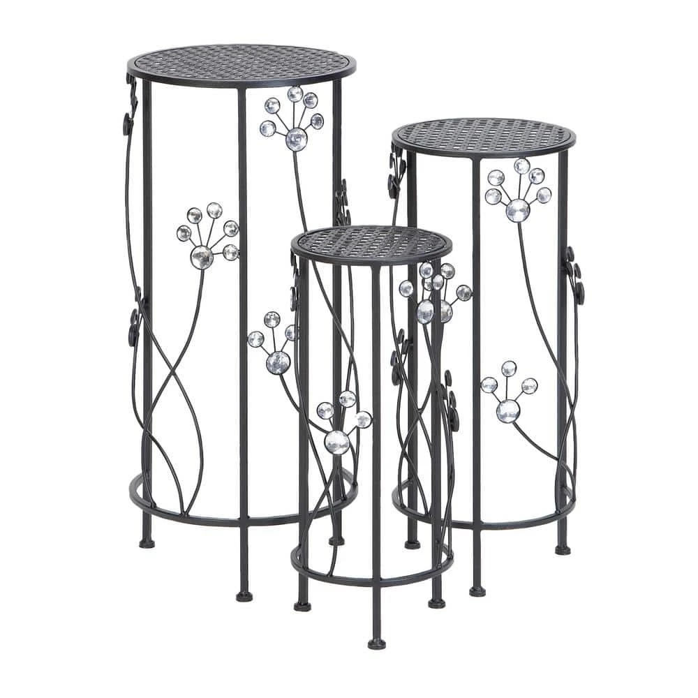 Litton Lane 28 in. Black Cylinder Metal Floral Crystal Plantstand with 3-Tiers 3 Litton Lane 28 in. Black Cylinder Metal Floral Crystal Plantstand with 3-Tiers