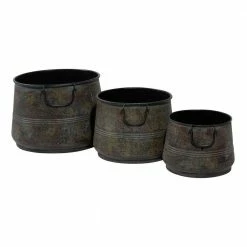 Litton Lane 16 in. x 11 in. Round Indoor Outdoor Distressed Bucket Style Brass Metal Planter with Side Ring Handles (Set of 3) 15 Litton Lane 16 in. x 11 in. Round Indoor Outdoor Distressed Bucket Style Brass Metal Planter with Side Ring Handles (Set of 3) -Litton Lane Sales Store brass litton lane plant pots 69183 40 1000