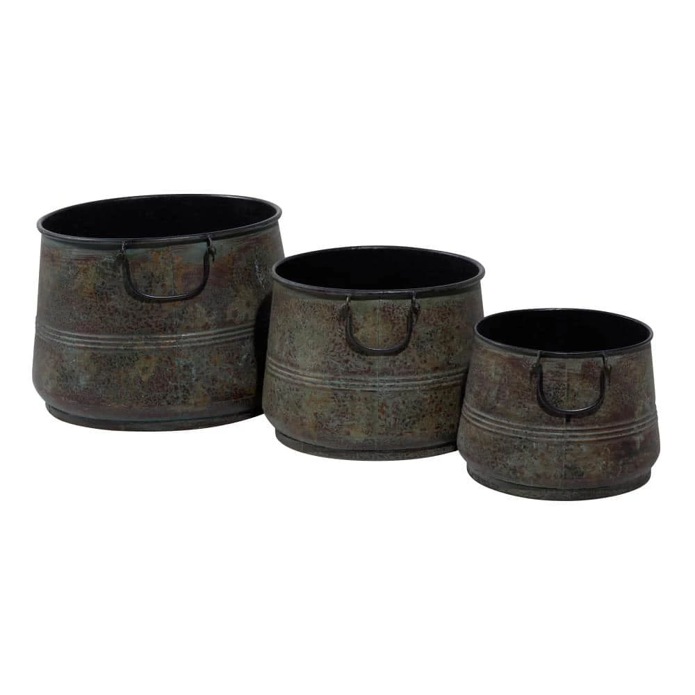 Litton Lane 16 in. x 11 in. Round Indoor Outdoor Distressed Bucket Style Brass Metal Planter with Side Ring Handles (Set of 3) 5 Litton Lane 16 in. x 11 in. Round Indoor Outdoor Distressed Bucket Style Brass Metal Planter with Side Ring Handles (Set of 3) - Image 3