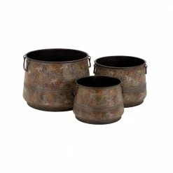 Litton Lane 16 in. x 11 in. Round Indoor Outdoor Distressed Bucket Style Brass Metal Planter with Side Ring Handles (Set of 3)