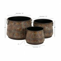 Litton Lane 16 in. x 11 in. Round Indoor Outdoor Distressed Bucket Style Brass Metal Planter with Side Ring Handles (Set of 3) 22 Litton Lane 16 in. x 11 in. Round Indoor Outdoor Distressed Bucket Style Brass Metal Planter with Side Ring Handles (Set of 3) -Litton Lane Sales Store brass litton lane plant pots 69183 76 1000