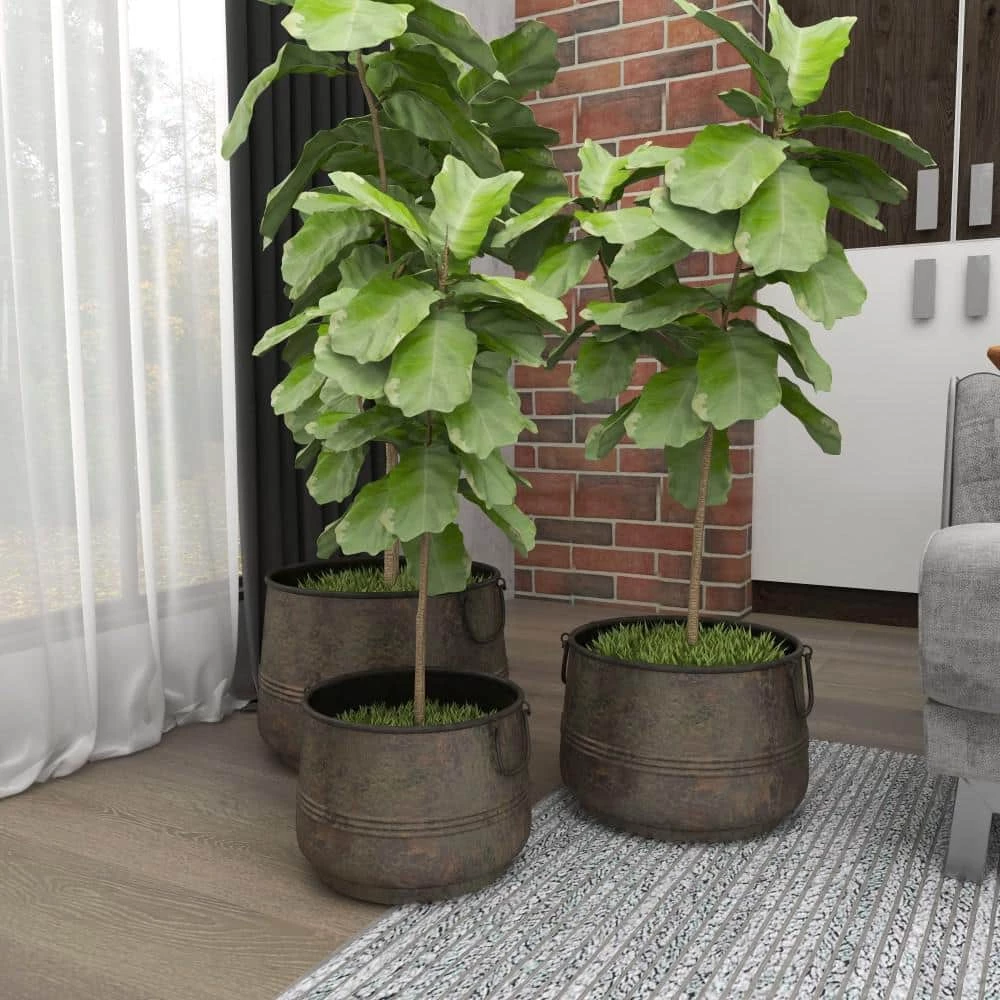 Litton Lane 16 in. x 11 in. Round Indoor Outdoor Distressed Bucket Style Brass Metal Planter with Side Ring Handles (Set of 3) 7 Litton Lane 16 in. x 11 in. Round Indoor Outdoor Distressed Bucket Style Brass Metal Planter with Side Ring Handles (Set of 3) - Image 5