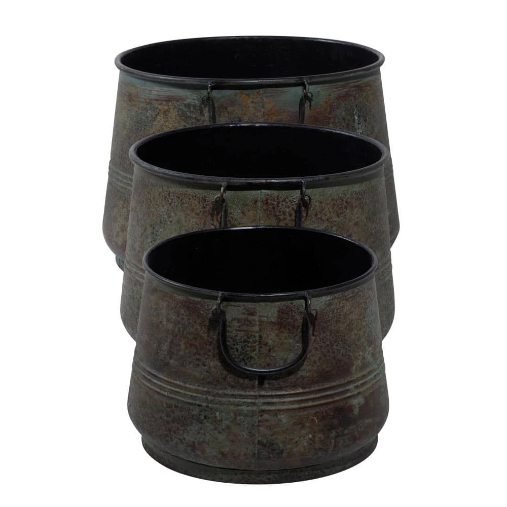 Litton Lane 16 in. x 11 in. Round Indoor Outdoor Distressed Bucket Style Brass Metal Planter with Side Ring Handles (Set of 3) 4 Litton Lane 16 in. x 11 in. Round Indoor Outdoor Distressed Bucket Style Brass Metal Planter with Side Ring Handles (Set of 3) - Image 2