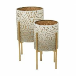 Litton Lane 23 in. x 13 in. Brown Metal Bohemian Planter (Set of 2) -Litton Lane Sales Store brown litton lane plant pots 041992 4f 1000
