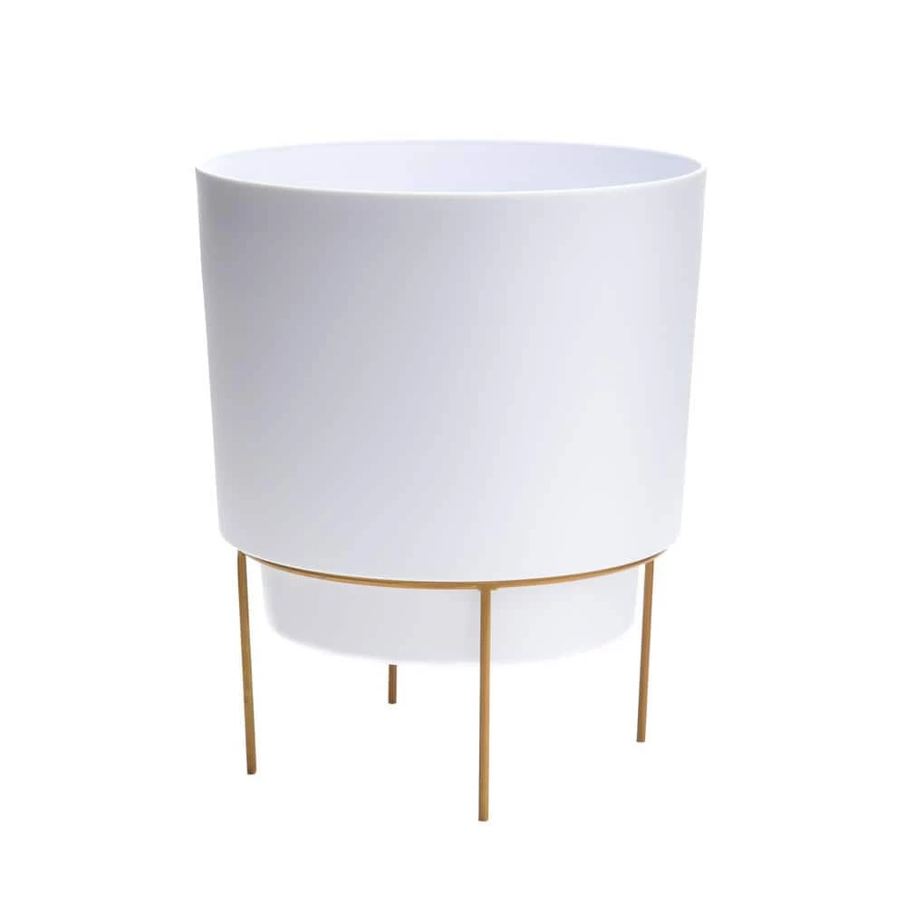 Bloem Hopson Medium 10 in. Casper White Plastic Planter with Metal Gold Stand 3 Bloem Hopson Medium 10 in. Casper White Plastic Planter with Metal Gold Stand