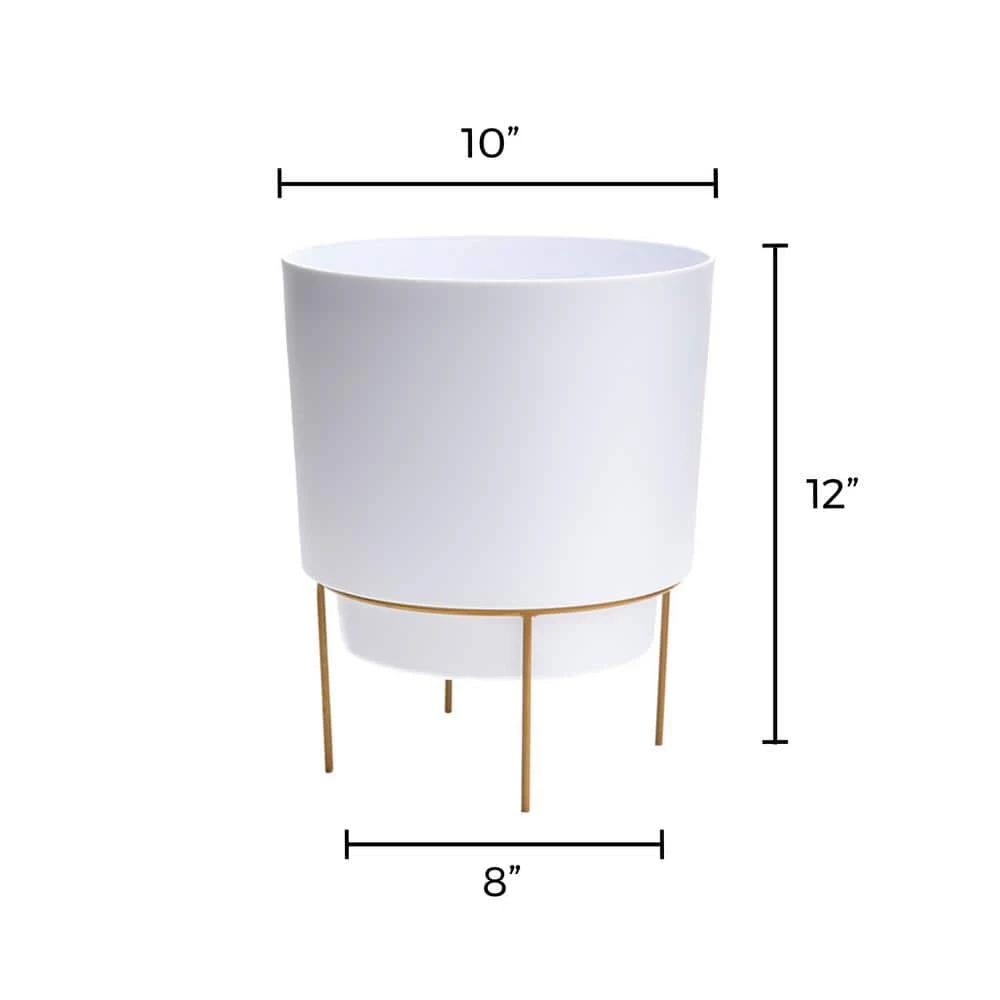 Bloem Hopson Medium 10 in. Casper White Plastic Planter with Metal Gold Stand 6 Bloem Hopson Medium 10 in. Casper White Plastic Planter with Metal Gold Stand - Image 4