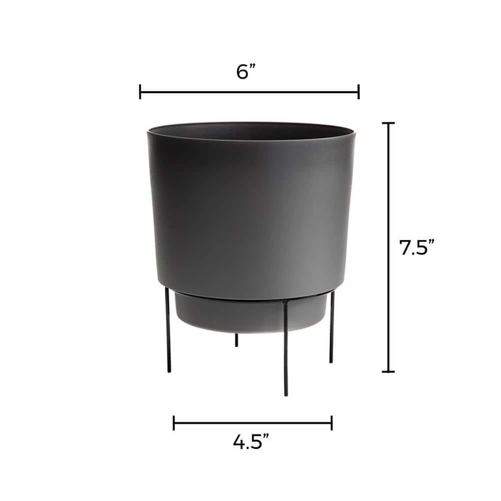 Bloem Hopson Small 6 in. Charcoal Gray Plastic Planter with Metal Black Stand 6 Bloem Hopson Small 6 in. Charcoal Gray Plastic Planter with Metal Black Stand - Image 4