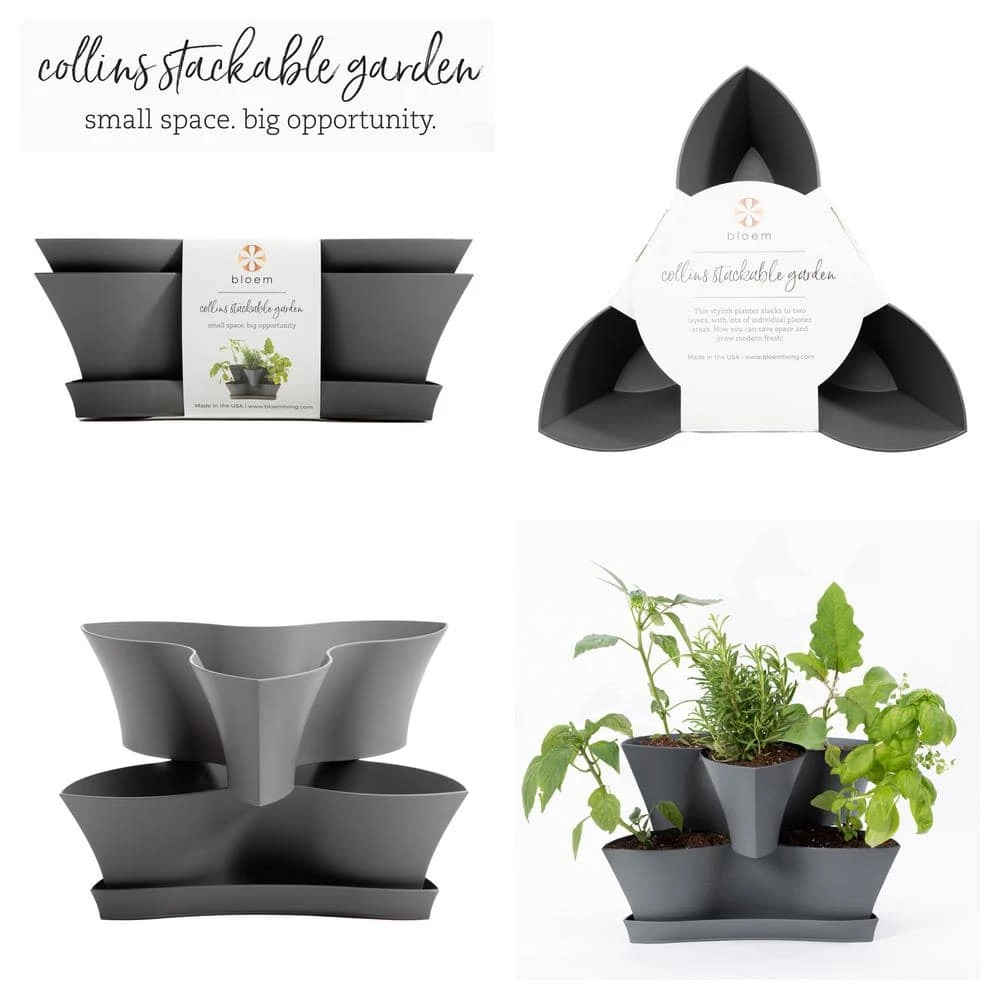 Bloem Collins Medium 16 in. 2-Tier Charcoal Gray Modular Multi-Level Vertical Herb Planter 4 Bloem Collins Medium 16 in. 2-Tier Charcoal Gray Modular Multi-Level Vertical Herb Planter - Image 2