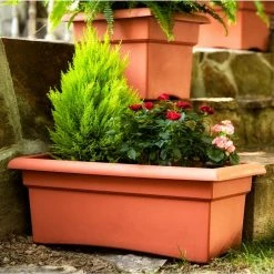 Bloem Veranda 26 in. Chocolate Plastic Deck Window Box Planter -Litton Lane Sales Store chocolate bloem plant pots 57326ch 40 1000