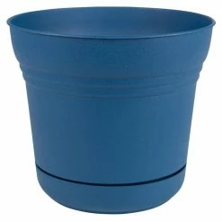Bloem 12 in. Classic Blue Saturn Plastic Planter with Saucer