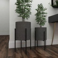 Litton Lane 14 in. x 23 in. Round Indoor Outdoor Textured Exterior Gray Metal Planter with Removable Stand (Set of 2) -Litton Lane Sales Store dark gray litton lane plant pots 47977 1f 1000