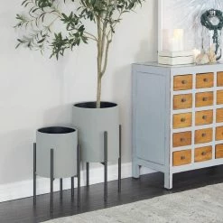 Litton Lane 14 in. x 23 in. Round Indoor Outdoor Textured Exterior Gray Metal Planter with Removable Stand (Set of 2) -Litton Lane Sales Store dark gray litton lane plant pots 47977 31 1000