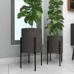 Litton Lane 14 in. x 23 in. Round Indoor Outdoor Textured Exterior Gray Metal Planter with Removable Stand (Set of 2) -Litton Lane Sales Store dark gray litton lane plant pots 47977 44 1000