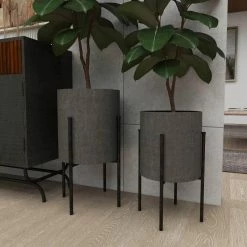 Litton Lane 14 in. x 23 in. Round Indoor Outdoor Textured Exterior Gray Metal Planter with Removable Stand (Set of 2) -Litton Lane Sales Store dark gray litton lane plant pots 47977 4f 1000