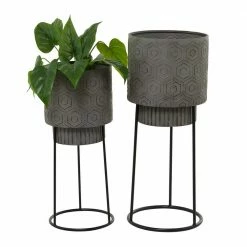 Litton Lane 27 in. H x 11 in. Dark Grey Metal Modern Planter (Set of 2)