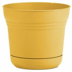 Bloem Saturn 10 in. x 8.5 Earthy Yellow Plastic Planter with Saucer