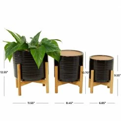 Litton Lane 13 in., 11 in., 10 in. Black Stoneware Contemporary Planter (Set of 3) -Litton Lane Sales Store glossy black litton lane plant pots 040492 76 1000