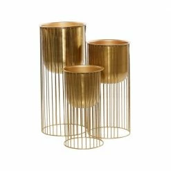 Litton Lane 11 in. x 24 in. Gold Metal Deep Recessed Dome Planter with Elevated Caged Stand (Set of 3) -Litton Lane Sales Store gold litton lane plant pots 51982 40 1000
