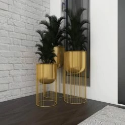 Litton Lane 11 in. x 24 in. Gold Metal Deep Recessed Dome Planter with Elevated Caged Stand (Set of 3) -Litton Lane Sales Store gold litton lane plant pots 51982 4f 1000