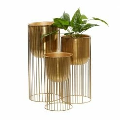 Litton Lane 11 in. x 24 in. Gold Metal Deep Recessed Dome Planter with Elevated Caged Stand (Set of 3) -Litton Lane Sales Store gold litton lane plant pots 51982 66 1000