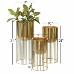 Litton Lane 11 in. x 24 in. Gold Metal Deep Recessed Dome Planter with Elevated Caged Stand (Set of 3) -Litton Lane Sales Store gold litton lane plant pots 51982 76 1000