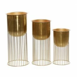 Litton Lane 11 in. x 24 in. Gold Metal Deep Recessed Dome Planter with Elevated Caged Stand (Set of 3) -Litton Lane Sales Store gold litton lane plant pots 51982 77 1000