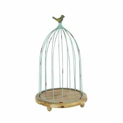 Litton Lane Brown and Mint Green Tin Wire Cage with Sculpted Bird Planters with Round Wood Base (Set of 3) -Litton Lane Sales Store green litton lane plant pots 92391 1f 1000