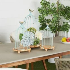 Litton Lane Brown and Mint Green Tin Wire Cage with Sculpted Bird Planters with Round Wood Base (Set of 3) -Litton Lane Sales Store green litton lane plant pots 92391 31 1000