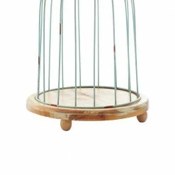Litton Lane Brown and Mint Green Tin Wire Cage with Sculpted Bird Planters with Round Wood Base (Set of 3) -Litton Lane Sales Store green litton lane plant pots 92391 44 1000