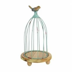 Litton Lane Brown and Mint Green Tin Wire Cage with Sculpted Bird Planters with Round Wood Base (Set of 3) -Litton Lane Sales Store green litton lane plant pots 92391 4f 1000