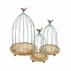 Litton Lane Brown and Mint Green Tin Wire Cage with Sculpted Bird Planters with Round Wood Base (Set of 3)