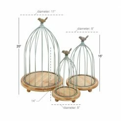 Litton Lane Brown and Mint Green Tin Wire Cage with Sculpted Bird Planters with Round Wood Base (Set of 3) -Litton Lane Sales Store green litton lane plant pots 92391 76 1000